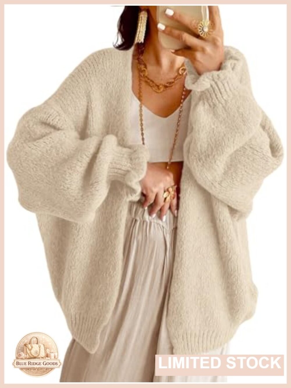 Oversized Chunky Knit Open Front Cardigan Ruffle Lantern Sleeve Sweater